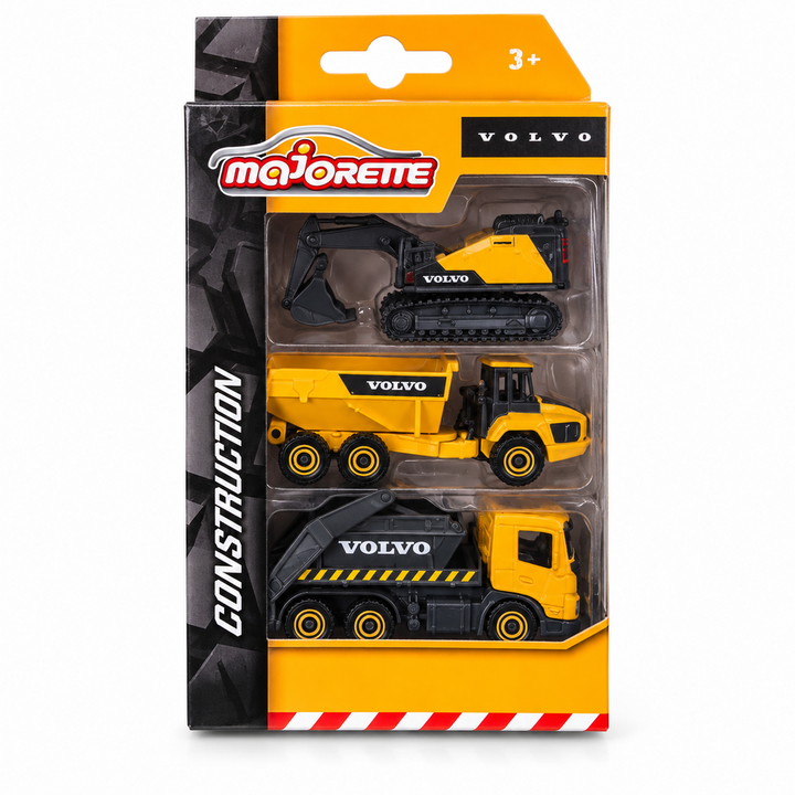 Original Licensed Majorette Volvo Diecast Construction Vehicle Set of 3 | Excavator EC950F, Hauler A60H, FMX Skip