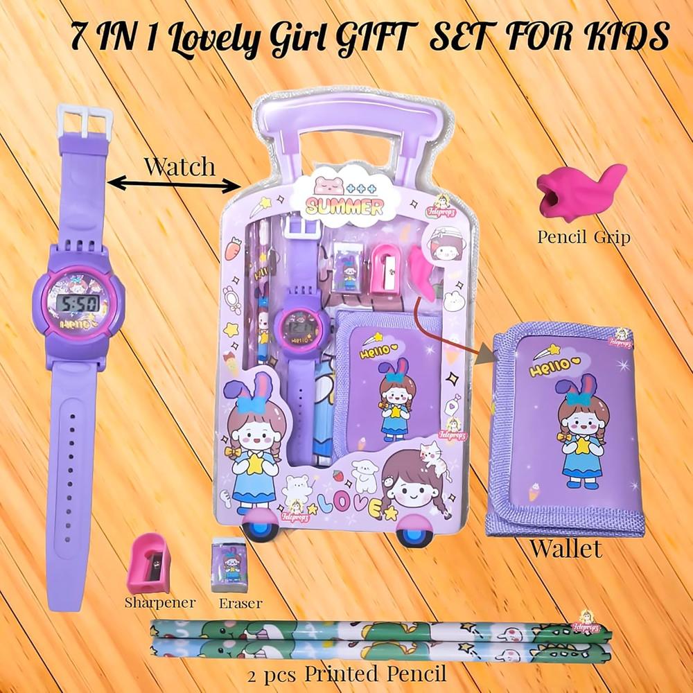 Stationery Gift Set for Kids | Digital Watch, Wallet Pouch, 2 Pencils, Eraser, Sharpener & Pencil Topper | Birthday Return Gift- 7 Pieces