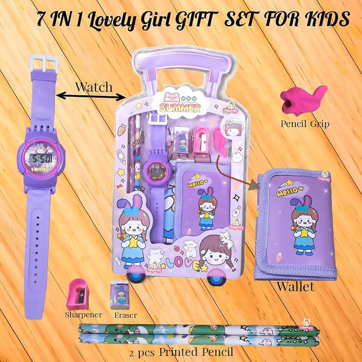 Stationery Gift Set for Kids | Digital Watch, Wallet Pouch, 2 Pencils, Eraser, Sharpener & Pencil Topper | Birthday Return Gift- 7 Pieces