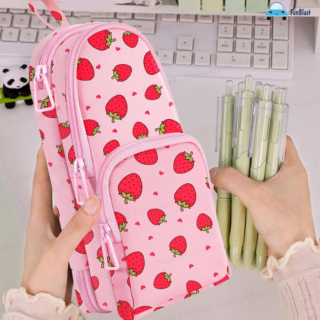FunBlast Strawberry Pencil Case | Large Capacity 3-Layer Canvas Hangable Kawaii Pencil Pouch