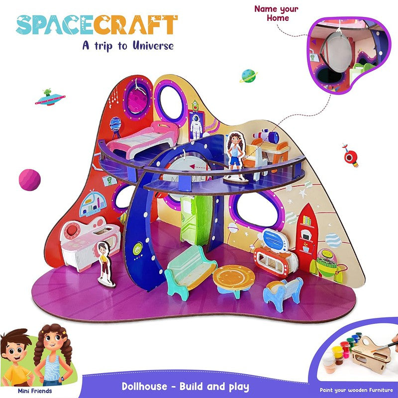 Spacecraft Trip to Universe All Side Play Doll House | DIY Paint Wooden Doll House Toy with Furniture for Kids