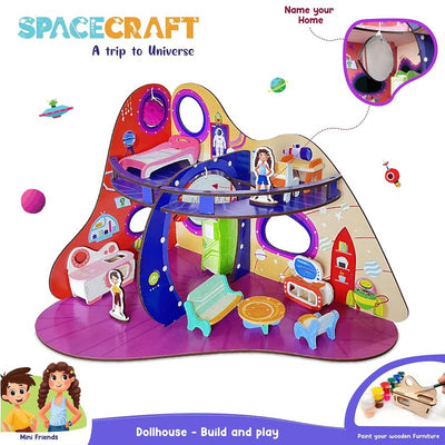 Spacecraft Trip to Universe All Side Play Doll House | DIY Paint Wooden Doll House Toy with Furniture for Kids