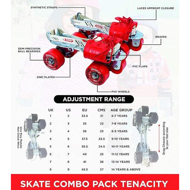 JJ Jonex Unisex Tenacity Adjustable Skates Combo (Skates + Helmet + Knee Pad + Elbow Pad + Skates Gloves + Key + Bag) (MYC) | Medium | Red |  6-11 Years