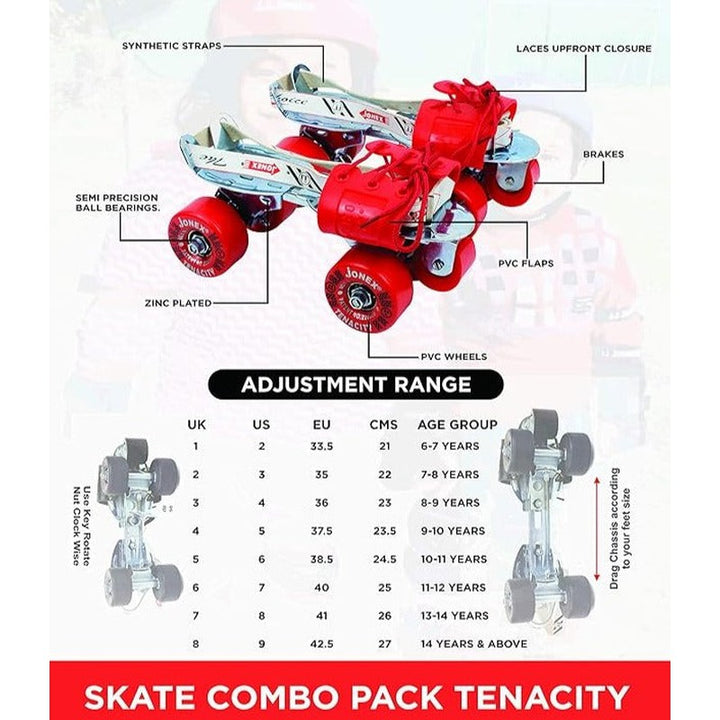 JJ Jonex Unisex Tenacity Adjustable Skates Combo (Skates + Helmet + Knee Pad + Elbow Pad + Skates Gloves + Key + Bag) (MYC) | Large | Red | 11 Years and Above