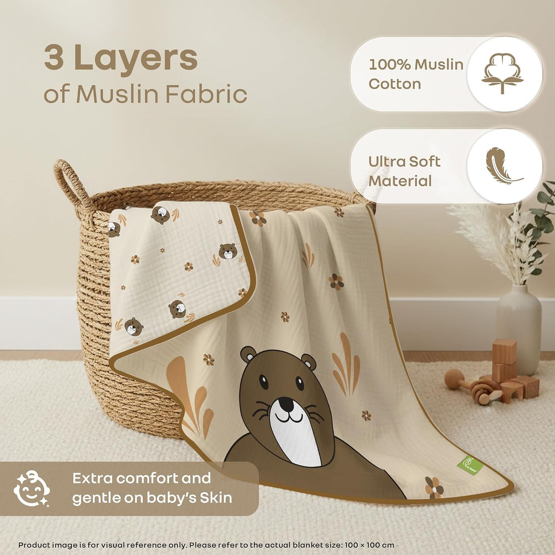 R for Rabbit Softkins Muslin Baby Quilt | Breathable Cotton, Lightweight & Multipurpose Baby Blanket - Teddy Beige