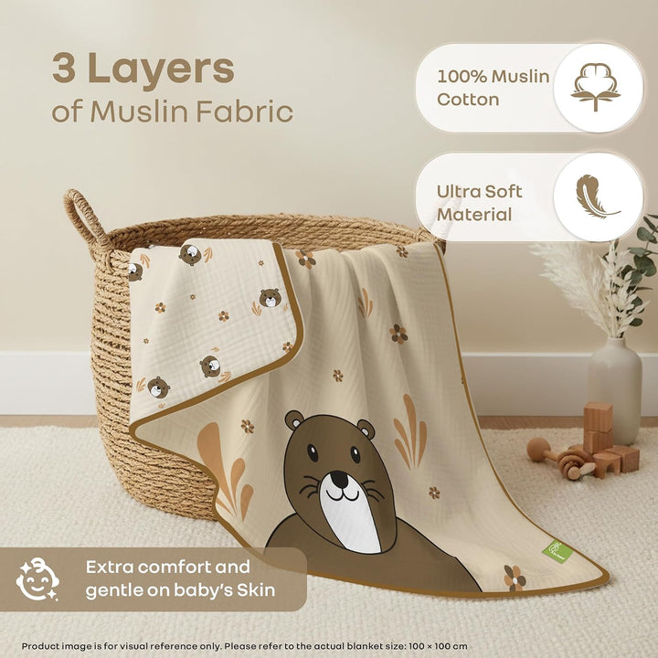 R for Rabbit Softkins Muslin Baby Quilt | Breathable Cotton, Lightweight & Multipurpose Baby Blanket - Teddy Beige