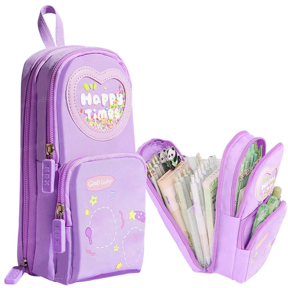 FunBlast Purple Pencil Case for Kids | Large Capacity 3-Layer Canvas Hangable Kawaii Pencil Pouch