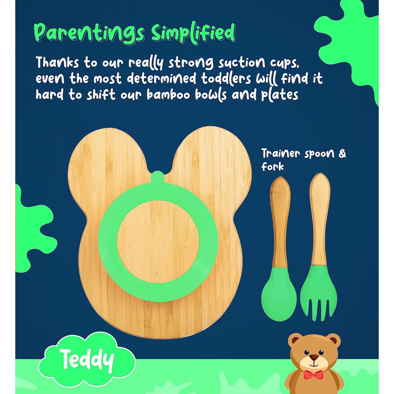 Teddy Bamboo Suction Plates for Baby and Toddler | Weaning Spoon & Fork | Green