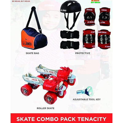 Tenacity Adjustable Skates Combo (Skates + Helmet + Knee pad + Elbow pad + Skates Gloves + Key + Bag) (MYC) | Large | Black/Red