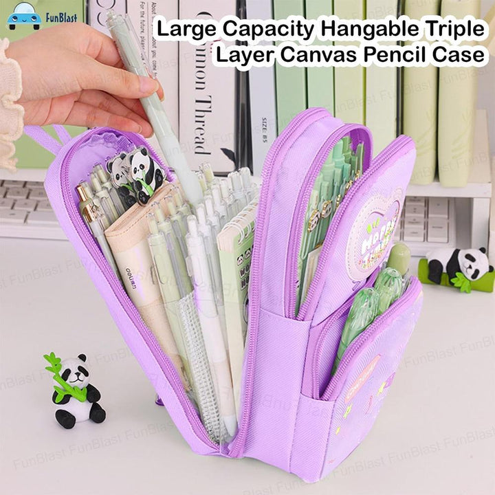 FunBlast Purple Pencil Case for Kids | Large Capacity 3-Layer Canvas Hangable Kawaii Pencil Pouch