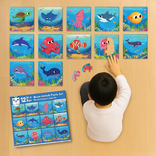 Play Panda 12 in 1 Ocean Animals Puzzle Set | Preschool Educational Activity for Kids