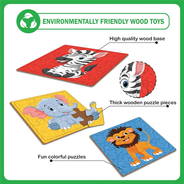 Wooden Farm animals Puzzle for kids | 9 Pieces Puzzles | Educational Toys and Games | Set of 2 Puzzles in a Box (Farm animals+Wild animals)