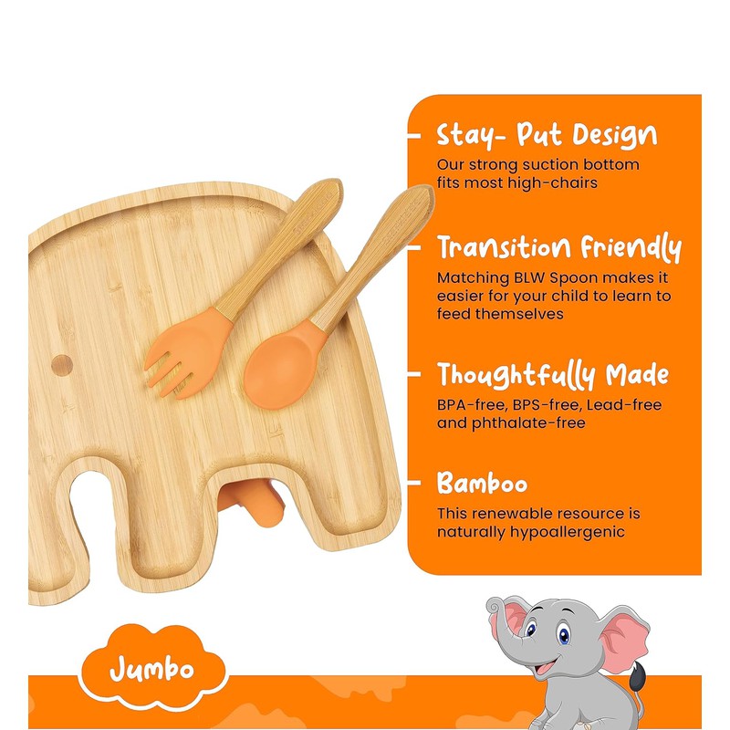 Jumbo Bamboo Suction Plates for Baby and Toddler | Weaning Spoon & Fork | Orange