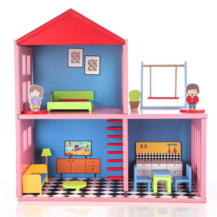 Chanak Big Wooden My Doll House | 4-Room Pretend Play Set | 16 Pieces