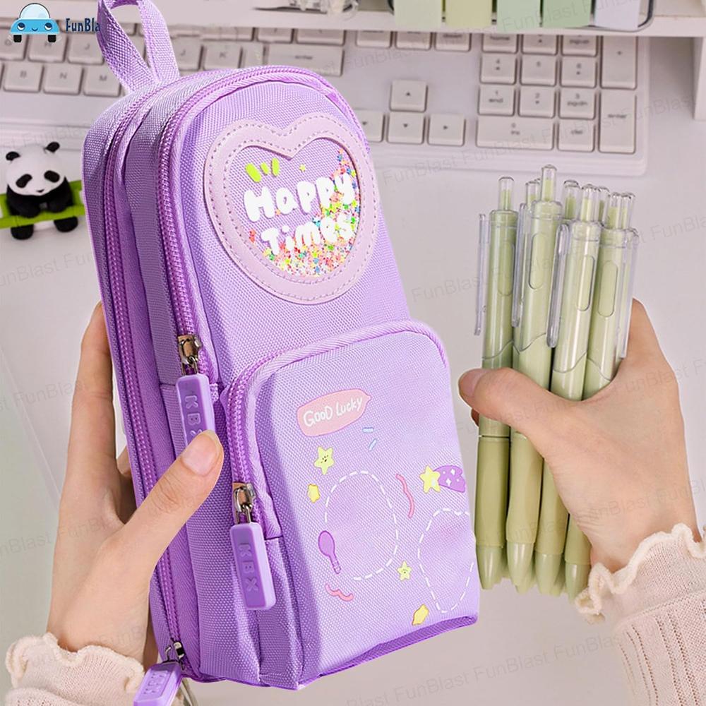 FunBlast Purple Pencil Case for Kids | Large Capacity 3-Layer Canvas Hangable Kawaii Pencil Pouch