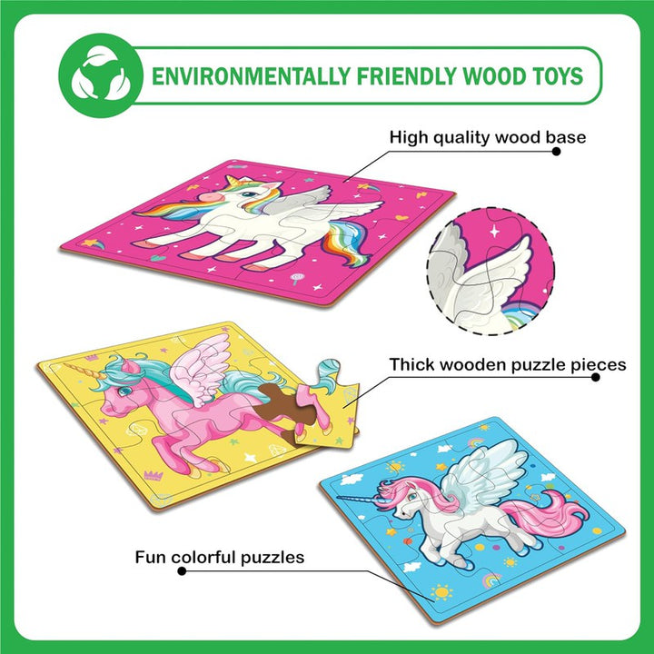 Wooden Farm animals Puzzle for kids | 9 Pieces Puzzles | Educational Toys and Games | Set of 2 Puzzles in a Box (Unicorns +Dinosaurs)