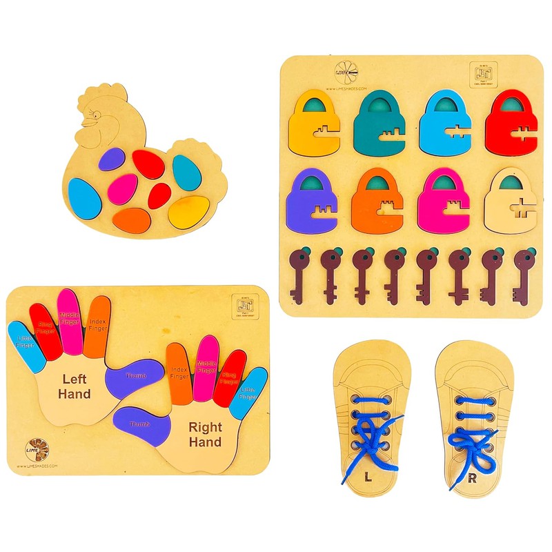 Set of 4 Wooden Board Puzzle Playset kit Includes Lock & Key, Finger Matching, Shoe Lacing & Hen Egg Placing