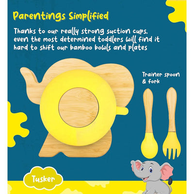 Cute Bamboo Tusker Suction Baby Plate for Kids and Baby-Led Weaning | 3 Sections | Natural Bamboo BPA Free Baby Plate (Yellow)