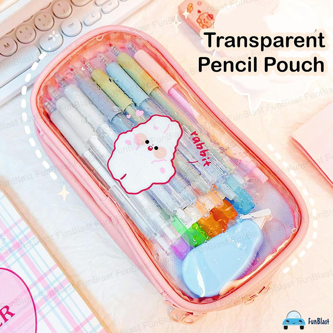 FunBlast Large Capacity Pencil Bag – Peach | 3 Compartment Transparent Pencil Pouch with Zipper