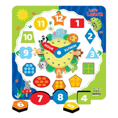 Wooden Early Educational Teaching Clock-Time & Shapes Sorting Toy for Kids, 12 Pcs (Square)