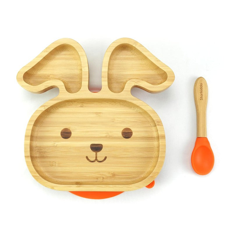 Bunny Bamboo Suction Plates for Baby and Toddler | 3 Sections | Weaning Spoon | Orange