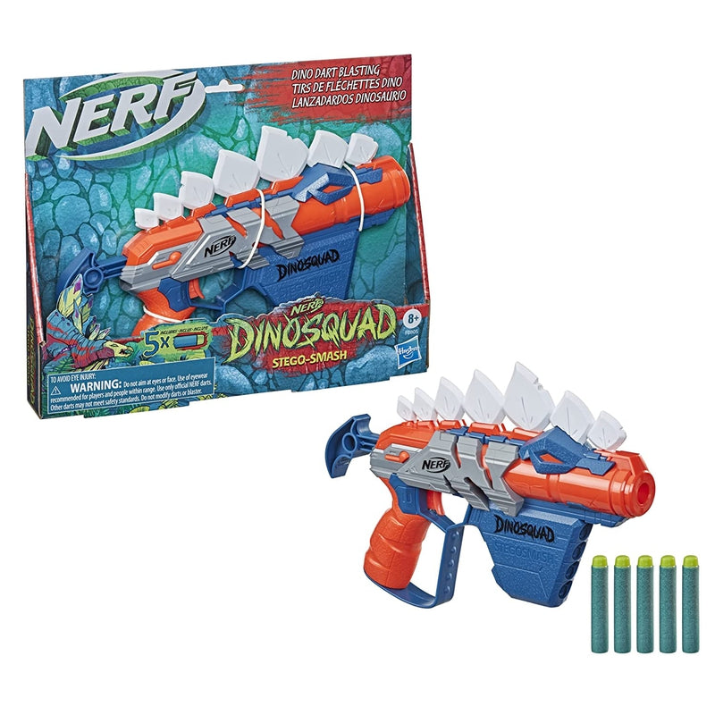 Nerf Dinosquad Stego - Smash Dart Blaster With 4-Dart Storage & Pull-Back Priming Handle