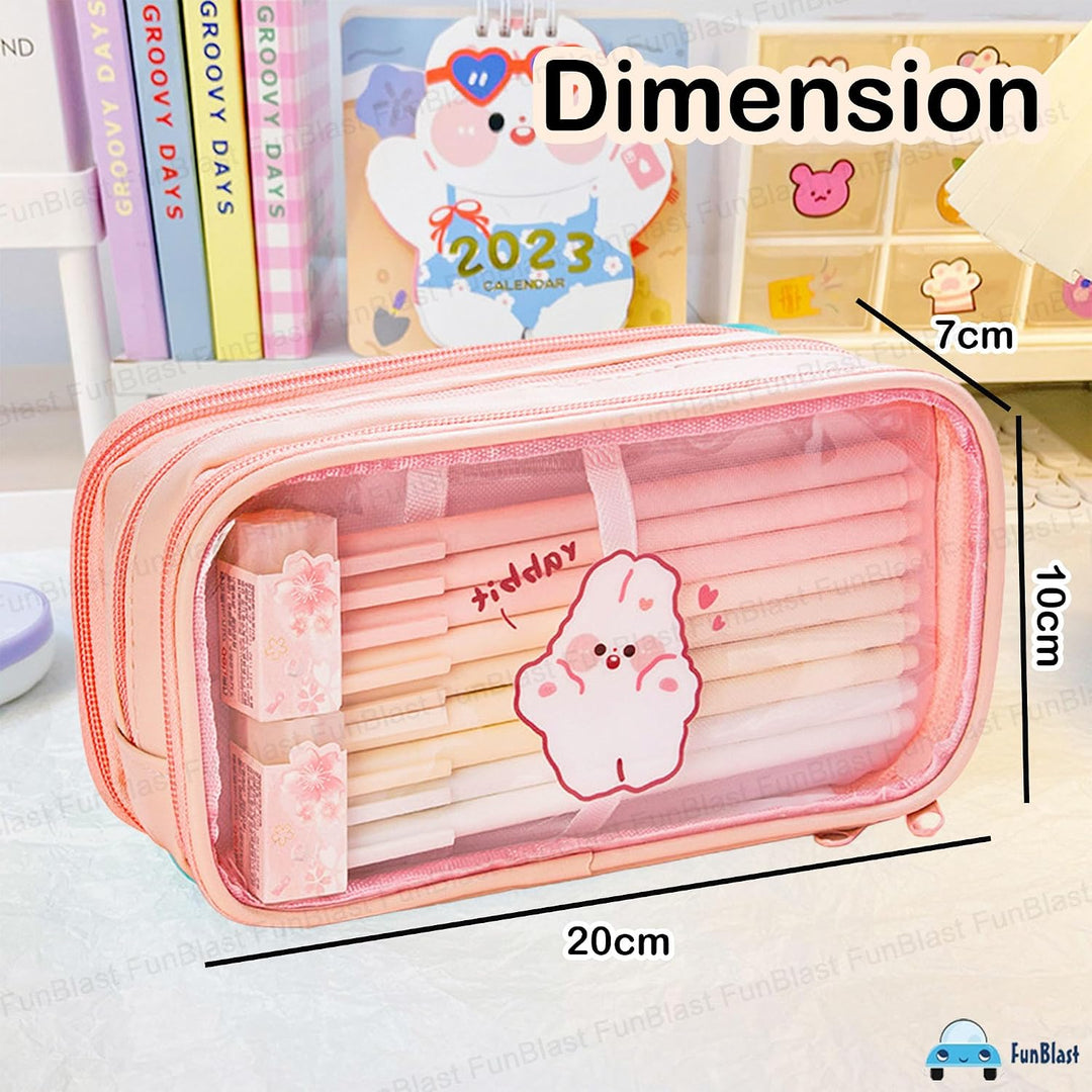 FunBlast Large Capacity Pencil Bag – Peach | 3 Compartment Transparent Pencil Pouch with Zipper