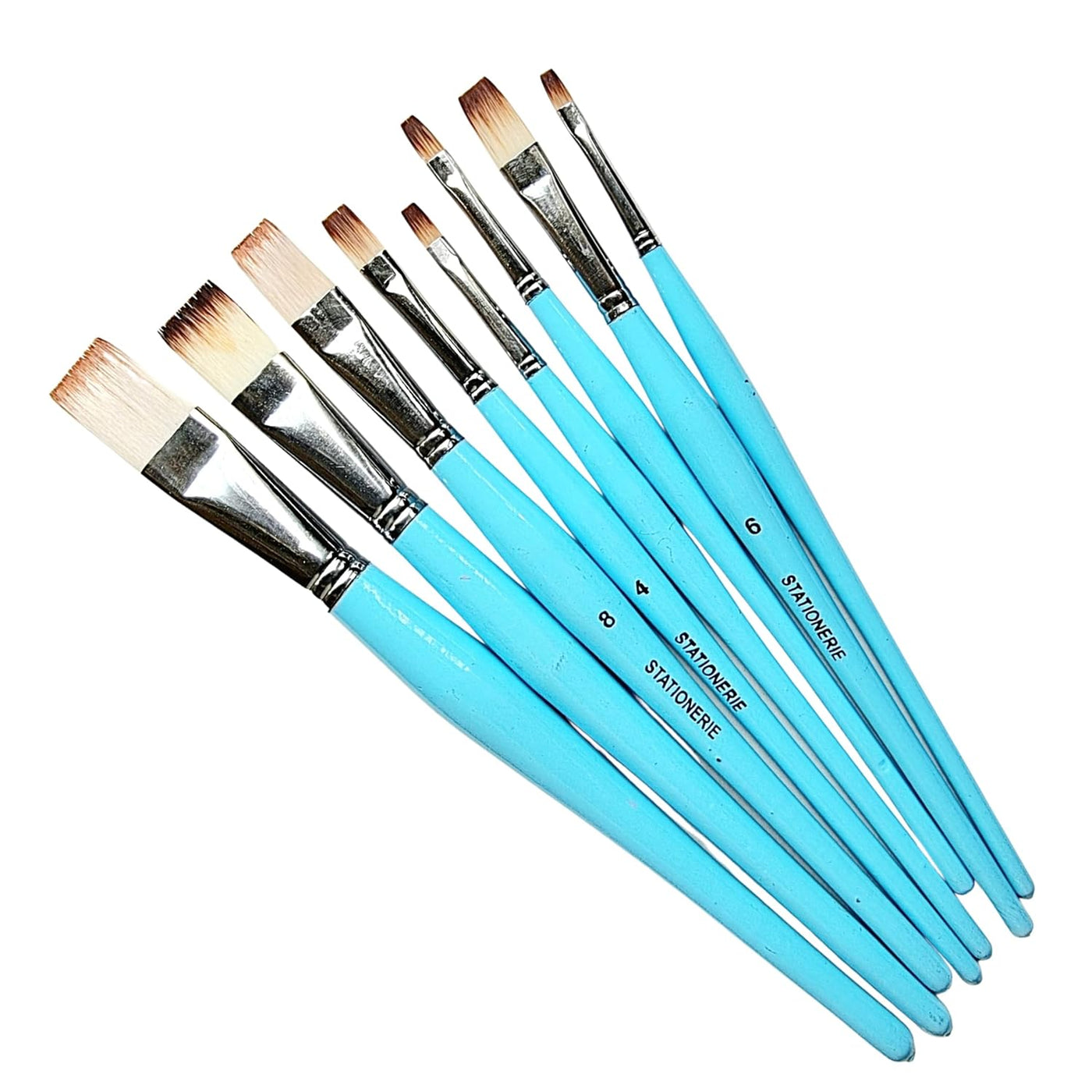 Set of 8 Oval Handle Synthetic Paint Brushes | Handmade Flat | ICY Blue