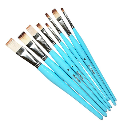 Set of 8 Oval Handle Synthetic Paint Brushes | Handmade Flat | ICY Blue