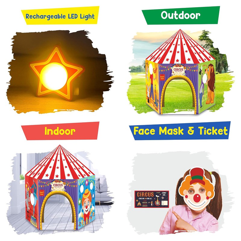 Circus Playhouse Tent for Kids with Hanging LED Light, Peep Holes, Ticket Pocket and Joker Face Mask