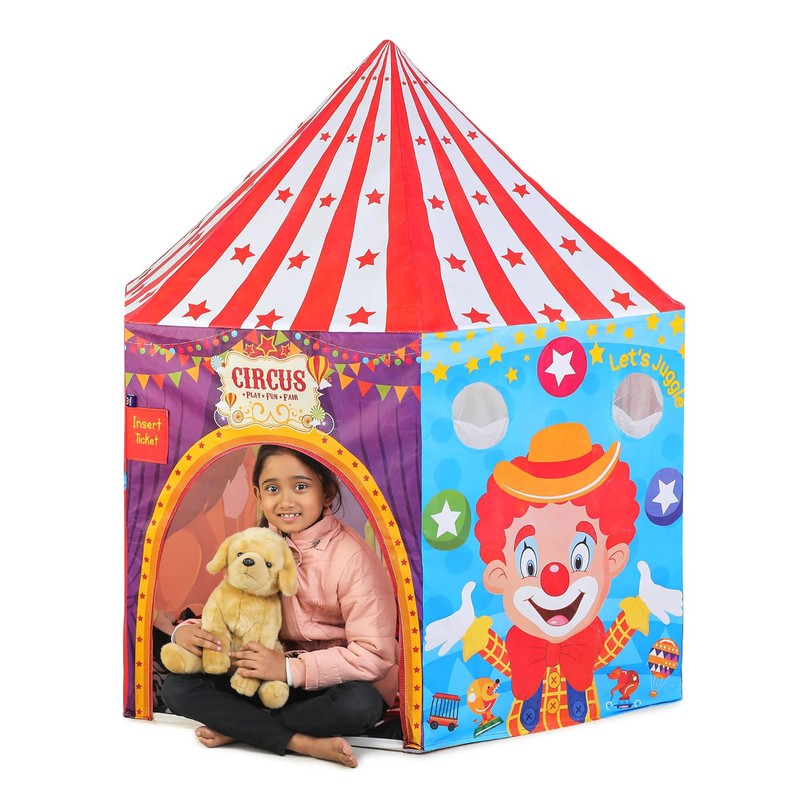 Circus Playhouse Tent for Kids with Hanging LED Light, Peep Holes, Ticket Pocket and Joker Face Mask