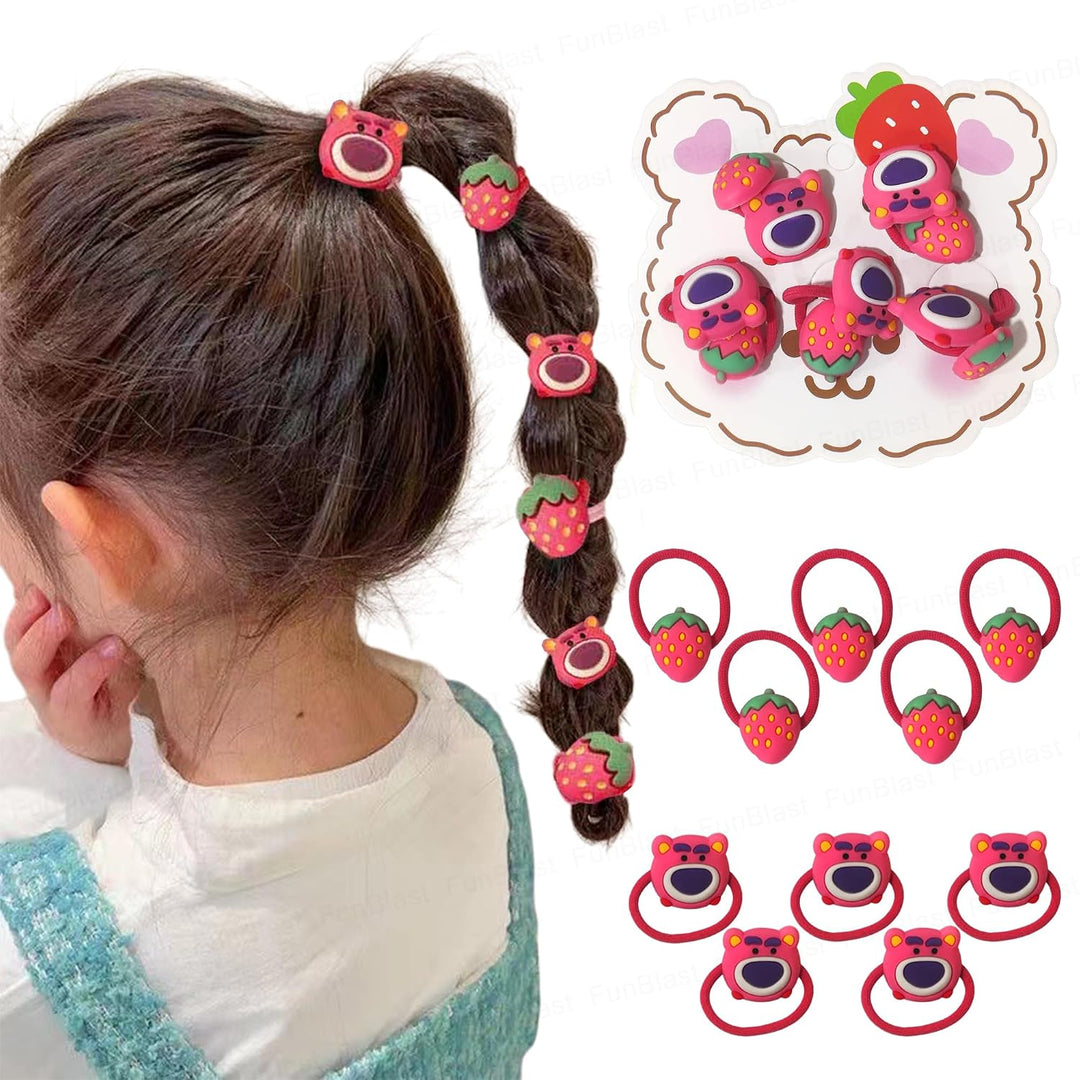FunBlast Hair Rubber Bands for Girls - Strawberry & Bear Hairs Ties (10 Pieces)