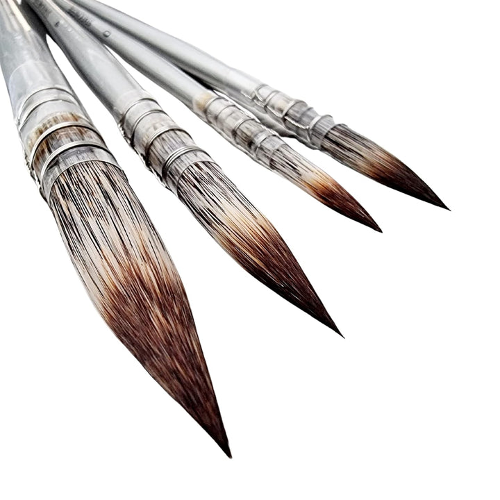 Set of 4 Synthetic Paint Brushes | Handmade Quill, Mop, Wash and Vegan | Metallic Silver