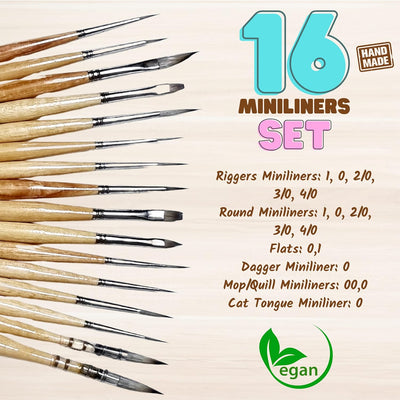 Set of 16 Synthetic Wood Paint Brushes | Miniliners, Miniature and Detailer