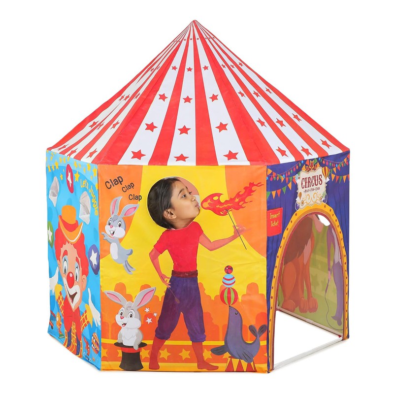 Circus Playhouse Tent for Kids with Hanging LED Light, Peep Holes, Ticket Pocket and Joker Face Mask