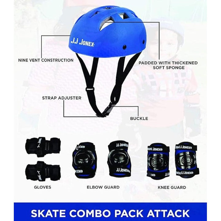 JJ Jonex Attack Adjustable Skates Combo (Skates + Helmet + Knee pad + Elbow pad + Skates Gloves + Key + Bag) (MYC) | Medium | Helmet - Blue |  6-11 Years