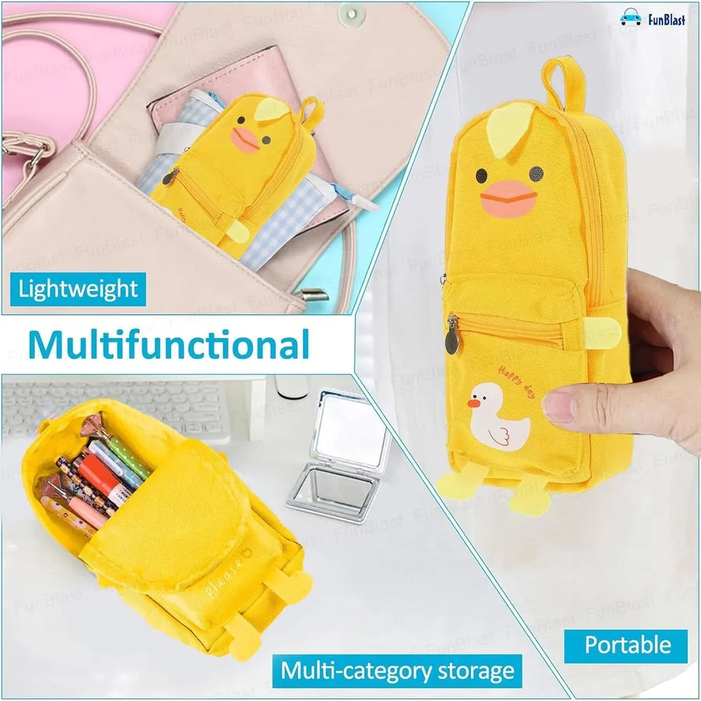 FunBlast Duck Pencil Pouch | Large Capacity Hangable Canvas Pencil Case for School & College- Yellow