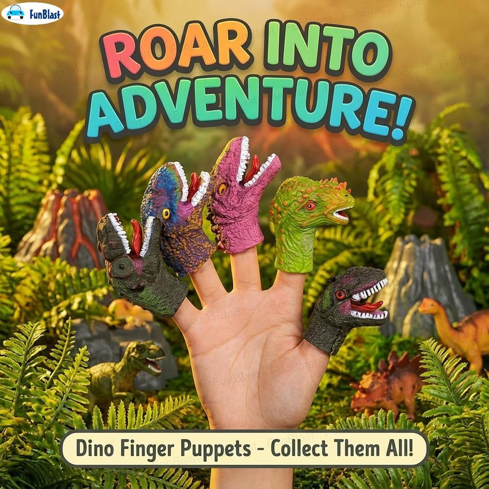 FunBlast Dinosaur Pack of 5 Finger Puppets for Kids | Soft Rubber Dino Toys for Pretend Play