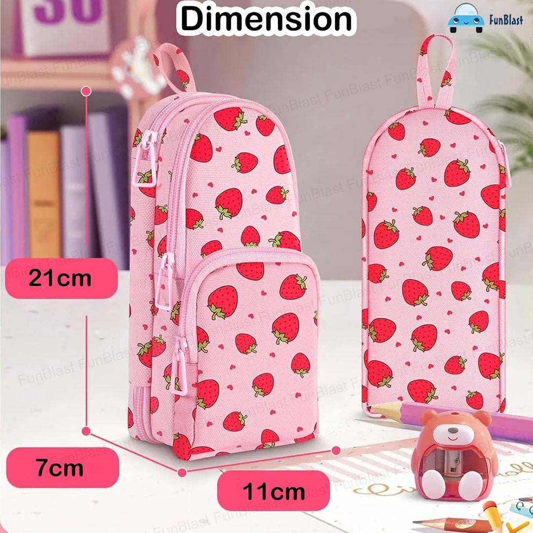 FunBlast Strawberry Pencil Case | Large Capacity 3-Layer Canvas Hangable Kawaii Pencil Pouch
