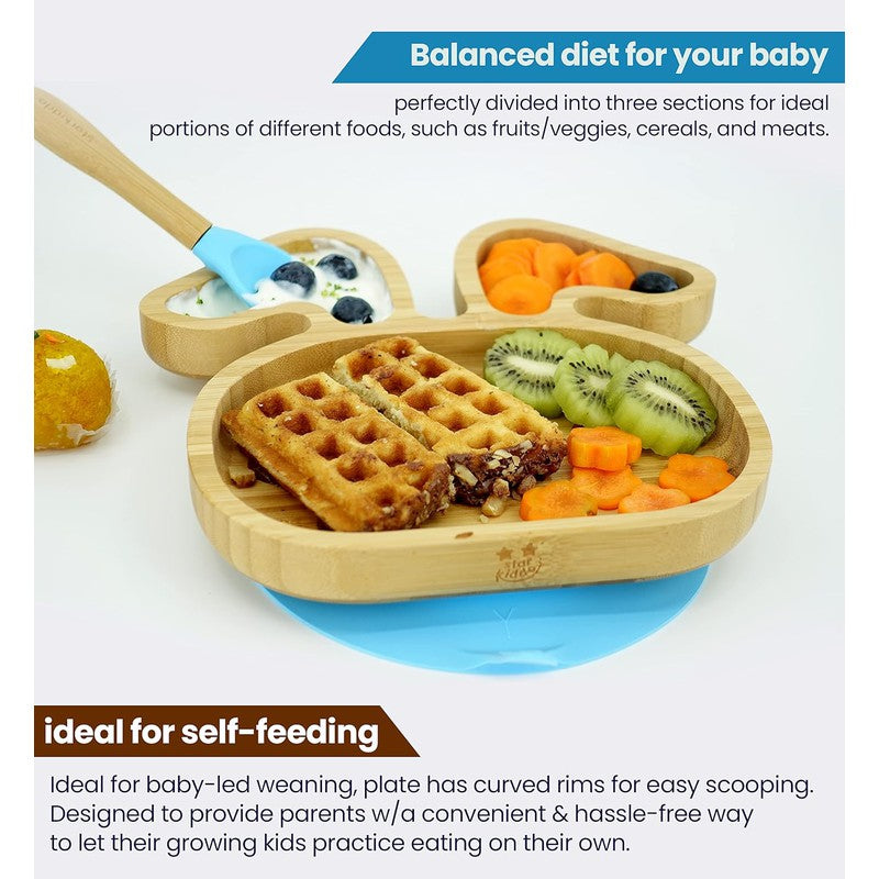 Bamboo Bunny Suction Plate for Kids and Baby-Led Weaning | Natural Bamboo BPA Free (Blue)