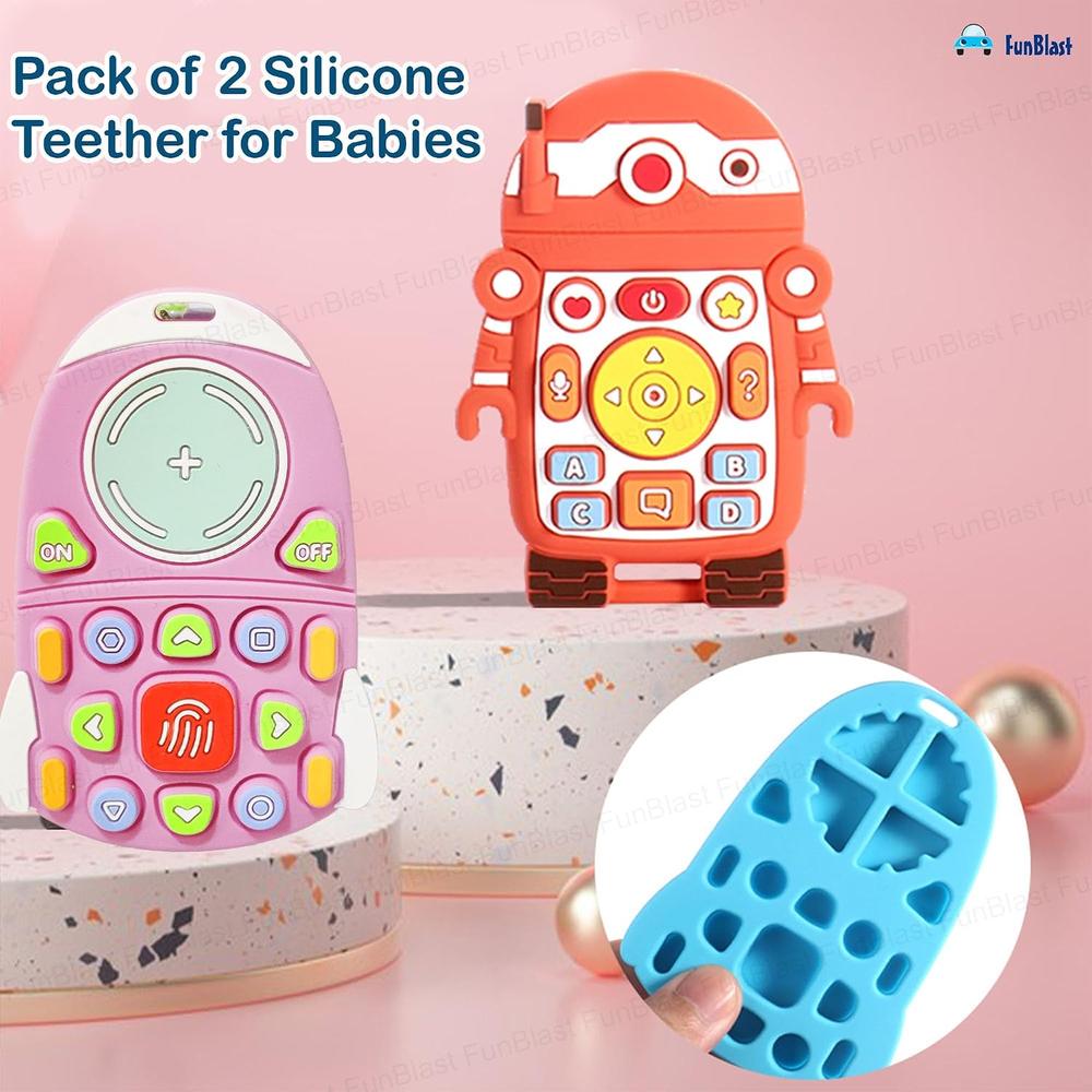 FunBlast Silicone Baby Teether | Robot & Rocket Teething Toys for Babies | Pack of 2 | Assorted Colour