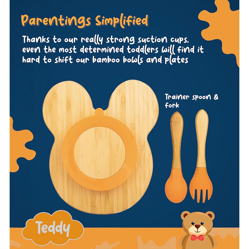 Teddy Bamboo Suction Plates for Baby and Toddler | Weaning Spoon & Fork | Orange