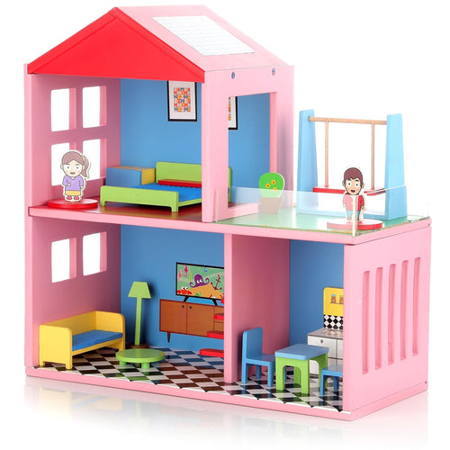Chanak Big Wooden My Doll House | 4-Room Pretend Play Set | 16 Pieces