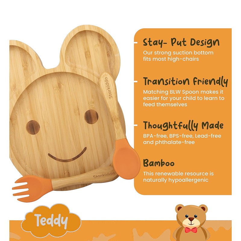 Teddy Bamboo Suction Plates for Baby and Toddler | Weaning Spoon & Fork | Orange