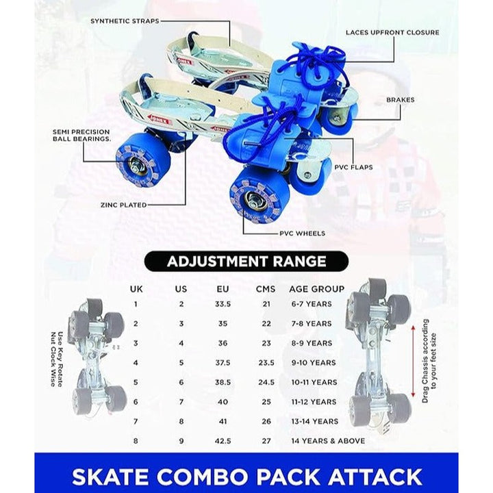 JJ Jonex Attack Adjustable Skates Combo (Skates + Helmet + Knee pad + Elbow pad + Skates Gloves + Key + Bag) (MYC) | Medium | Helmet - Blue |  6-11 Years