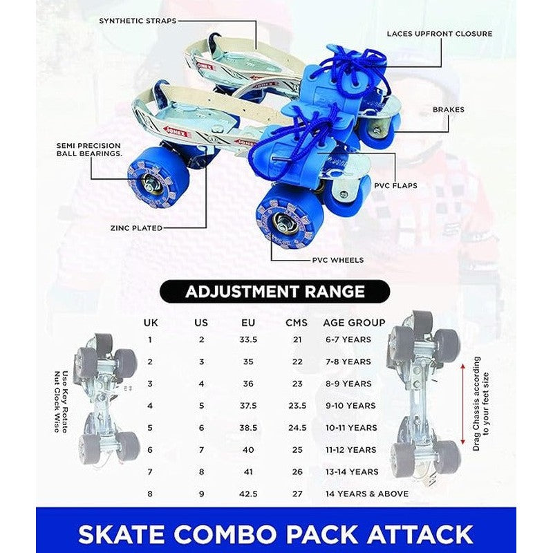 JJ Jonex Attack Adjustable Skates Combo (Skates + Helmet + Knee pad + Elbow pad + Skates Gloves + Key + Bag) (MYC) | Large | Helmet - Blue | 11 Years and Above