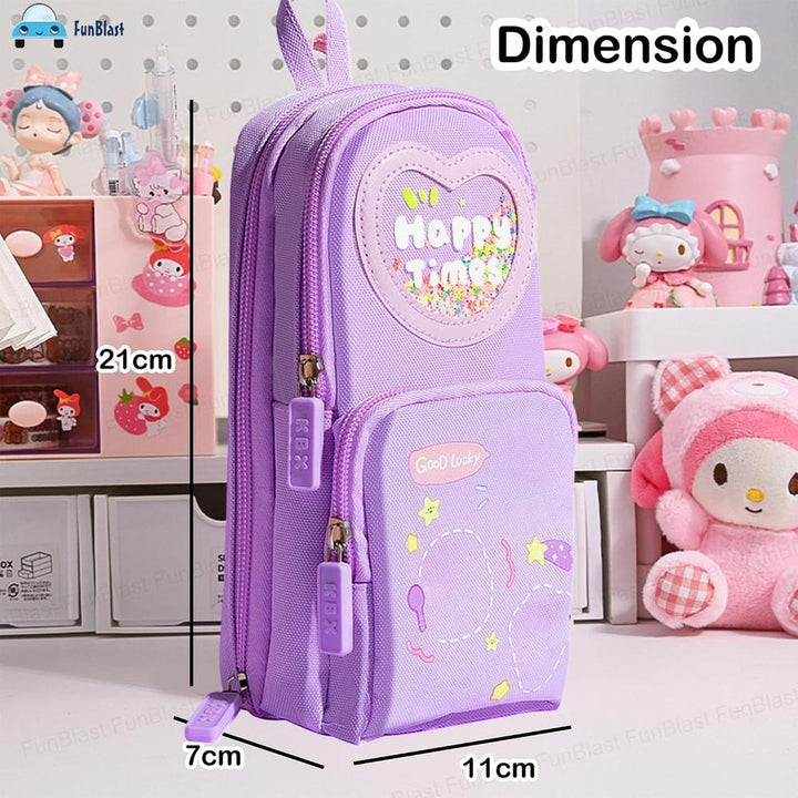 FunBlast Purple Pencil Case for Kids | Large Capacity 3-Layer Canvas Hangable Kawaii Pencil Pouch