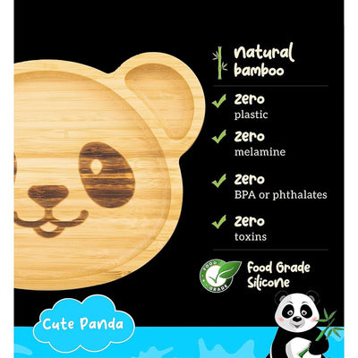 Adorable Panda Bamboo Suction Plates for Baby and Toddler | 3 Sections | Weaning Spoon | Blue