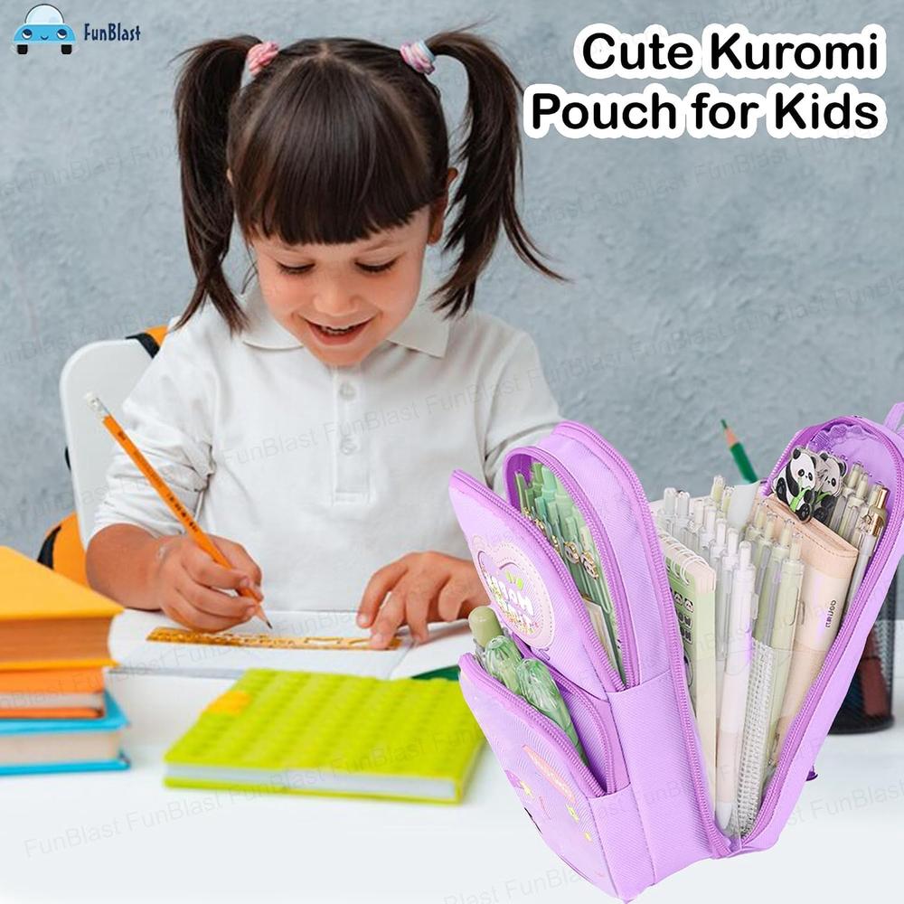 FunBlast Purple Pencil Case for Kids | Large Capacity 3-Layer Canvas Hangable Kawaii Pencil Pouch
