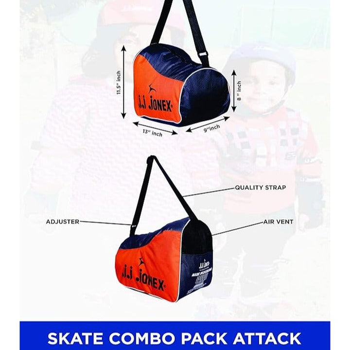 JJ Jonex Attack Adjustable Skates Combo (Skates + Helmet + Knee pad + Elbow pad + Skates Gloves + Key + Bag) (MYC) | Medium | Helmet - Blue |  6-11 Years